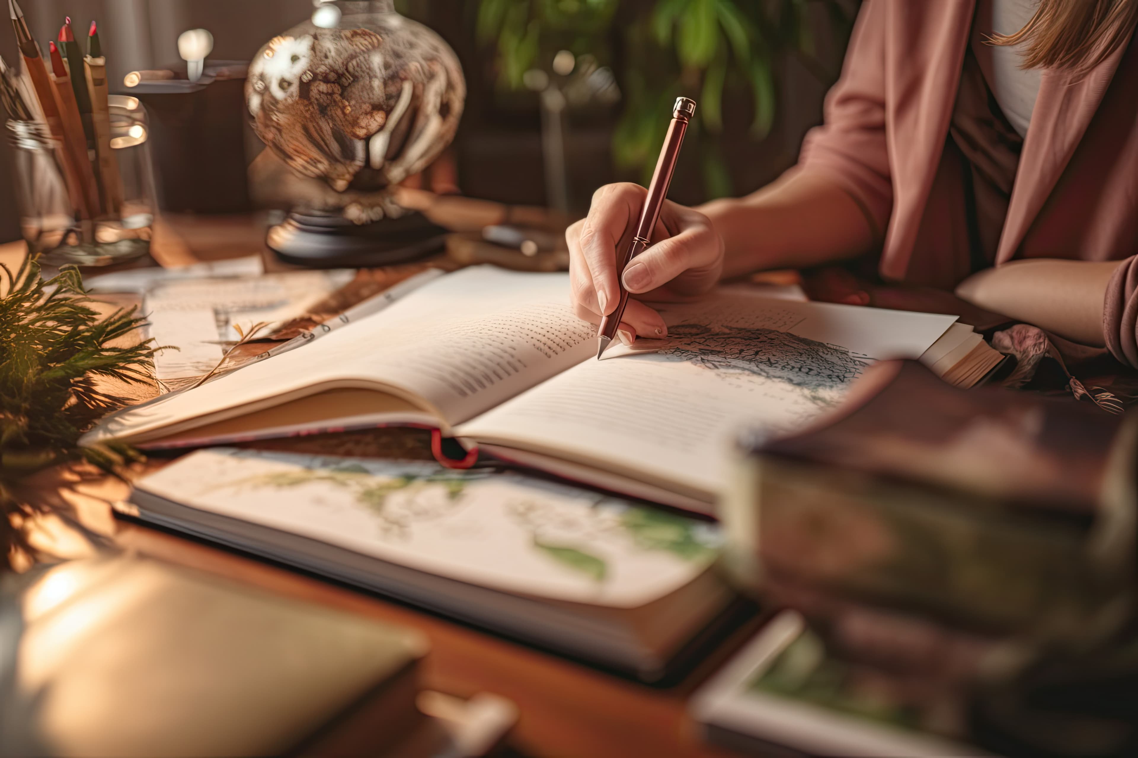 Woman writing sustainably at a desk